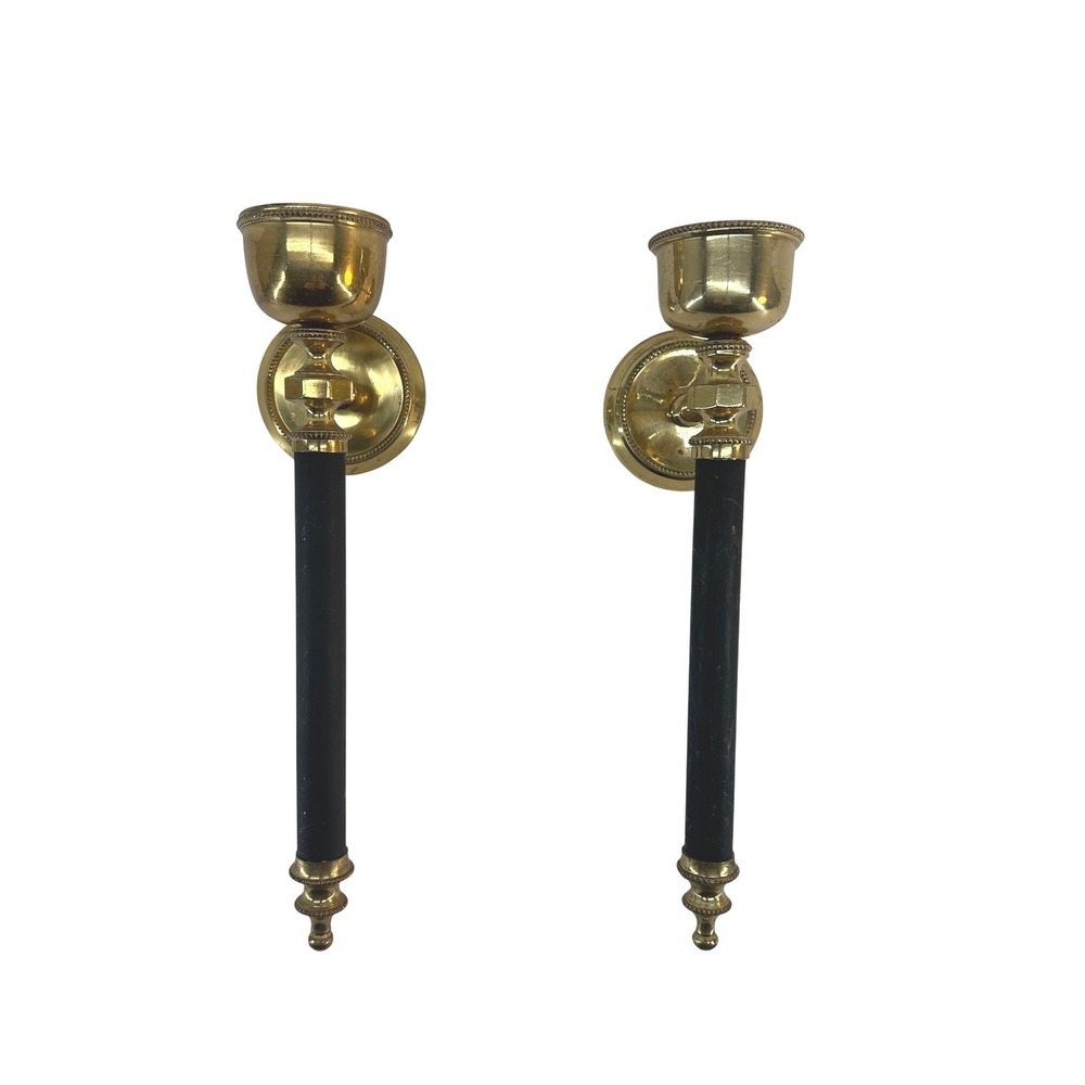 Vintage Brass Wall Sconce Set 2 Black Gold Trumpet Torch Taper Candle Holders